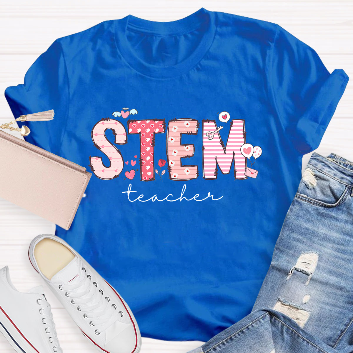 STEM Teacher Pink Heart Printed T-Shirt