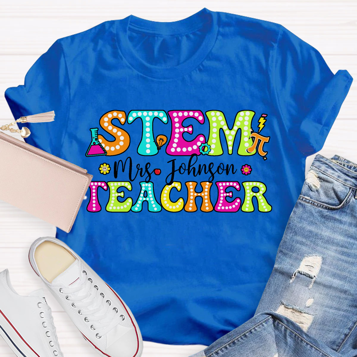 Personalized Name STEM Teachers Colorful Printed T-Shirt