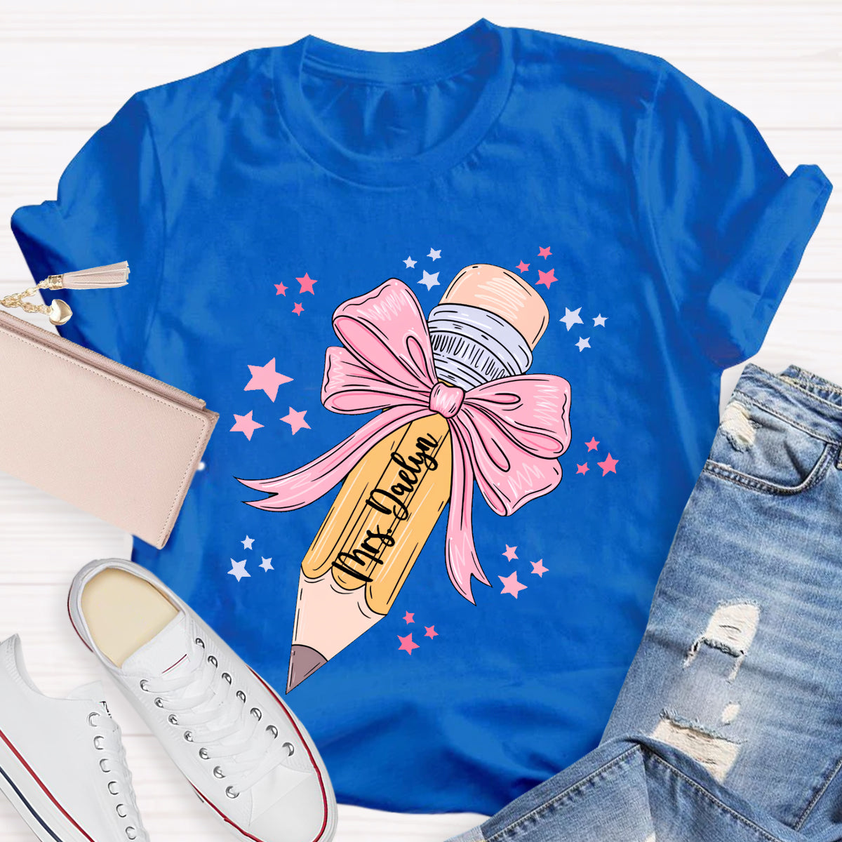 Personalized Name Pink Pencil Teacher T-Shirt