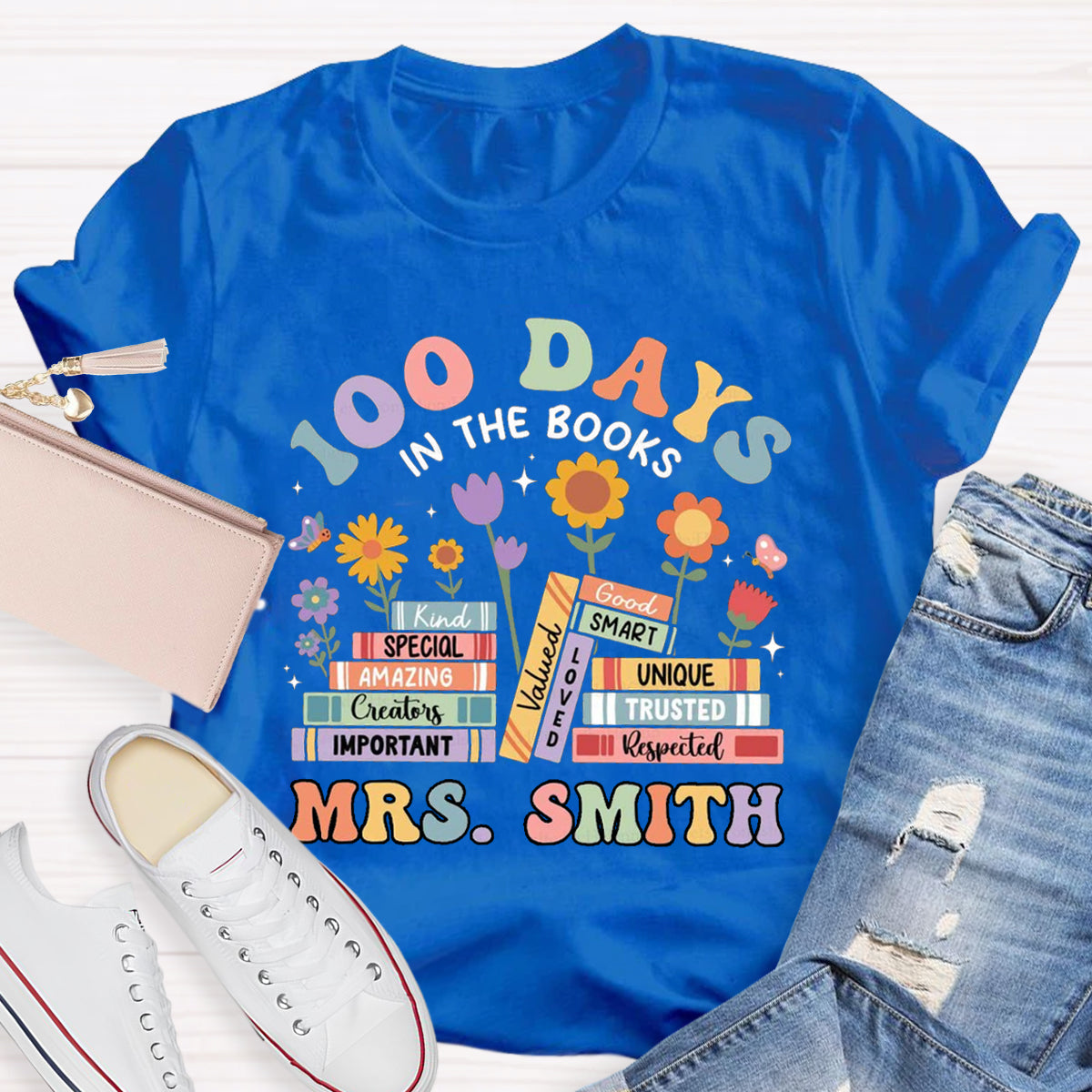 Personalized Name 100 Days In Books Teacher T-Shirt