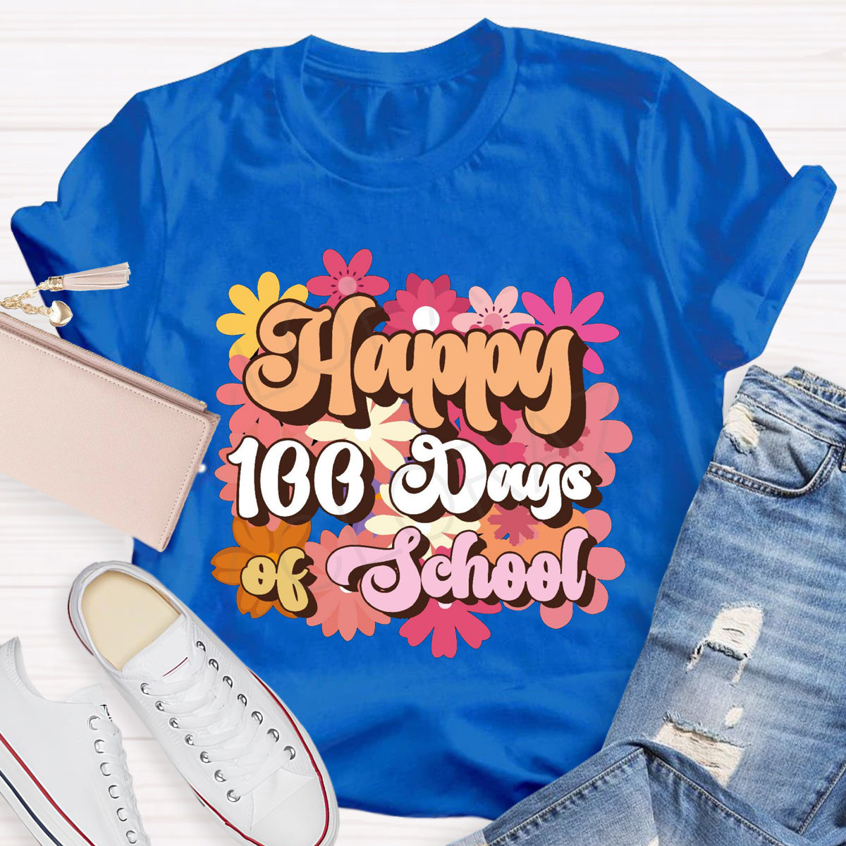 Happy 100 Days Of School Floral Printed T-Shirt