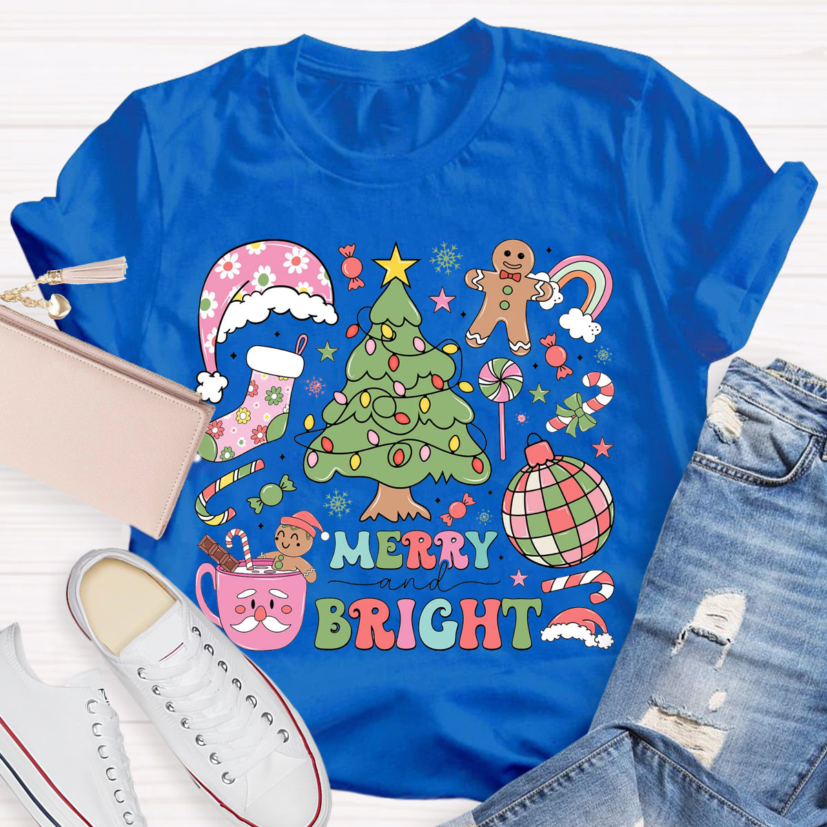 Merry And Bright Christmas Tree Teacher T-Shirt