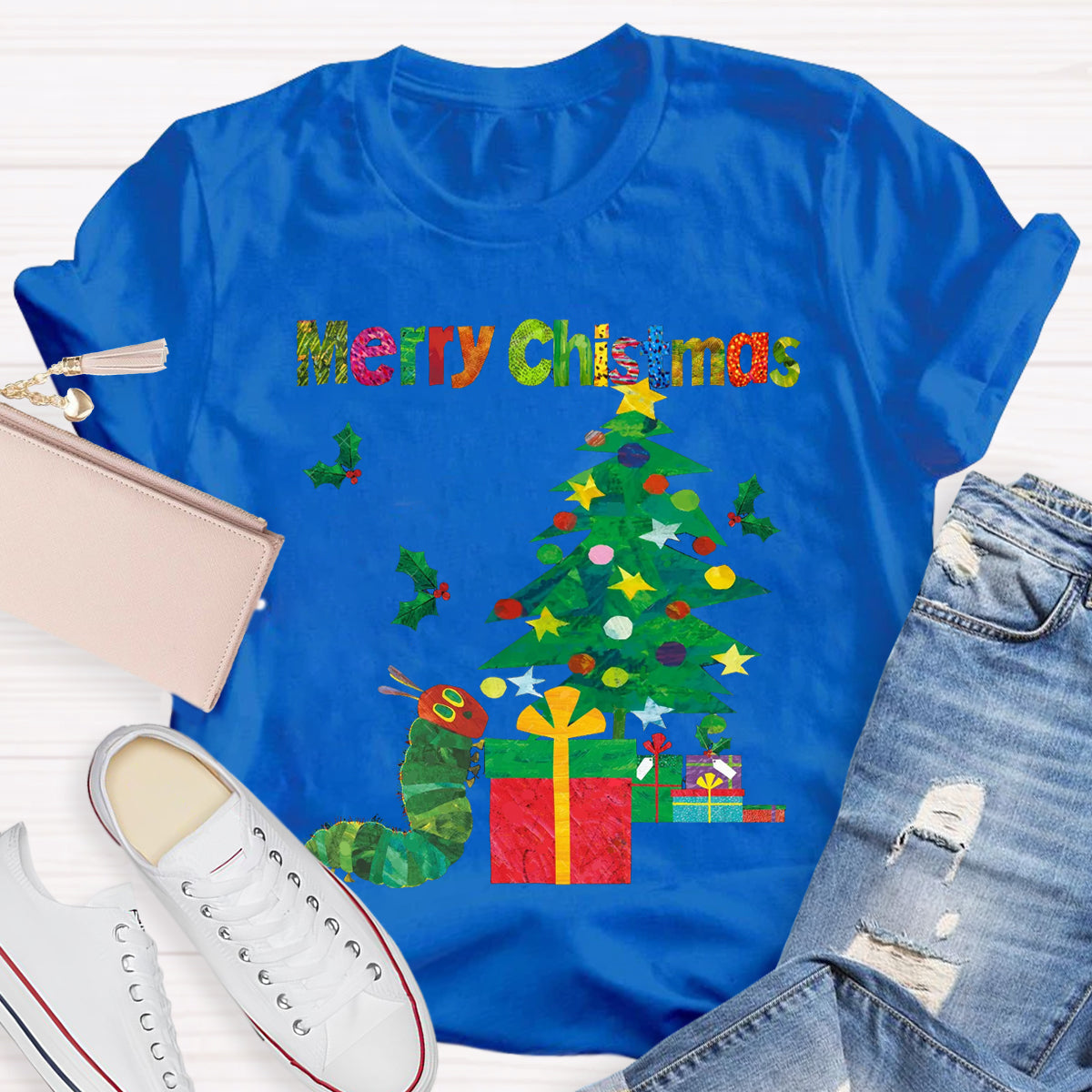 Merry Christmas Caterpillar Crawling Towards Christmas Tree T-Shirt