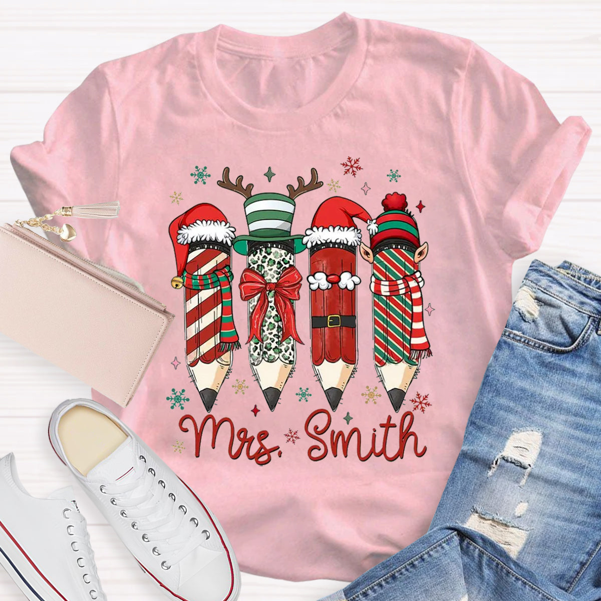 Personalized Name Cute Christmas Pencil Teacher T-Shirt