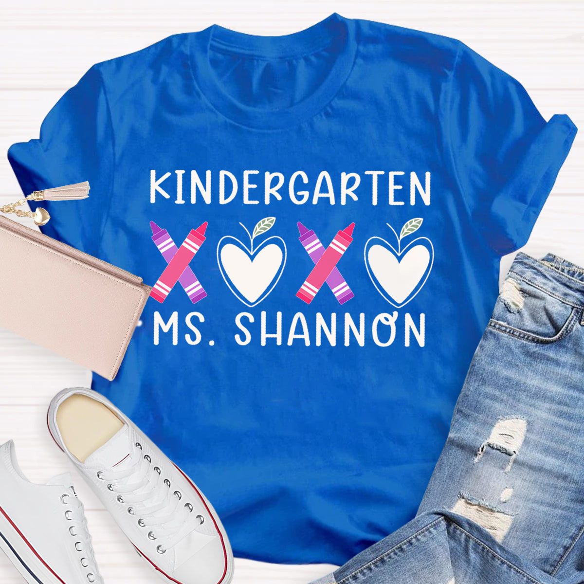 Personalized Grade And Name Pink Heart Crayon Teacher T-Shirt