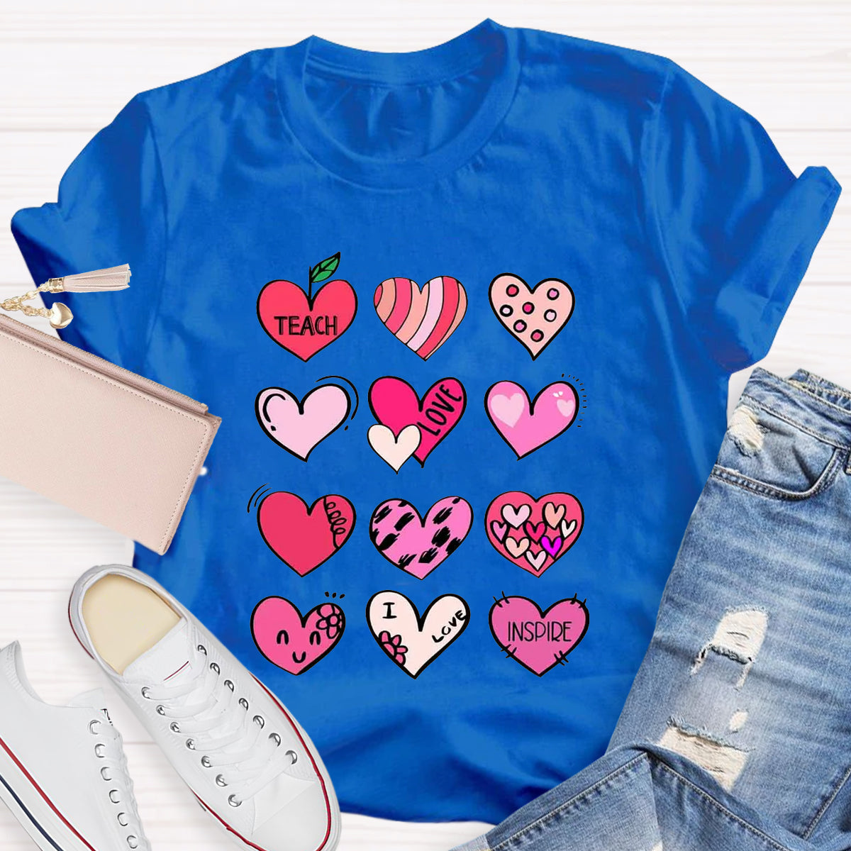 Cartoon Hearts Teach Love Inspire Teacher T-Shirt