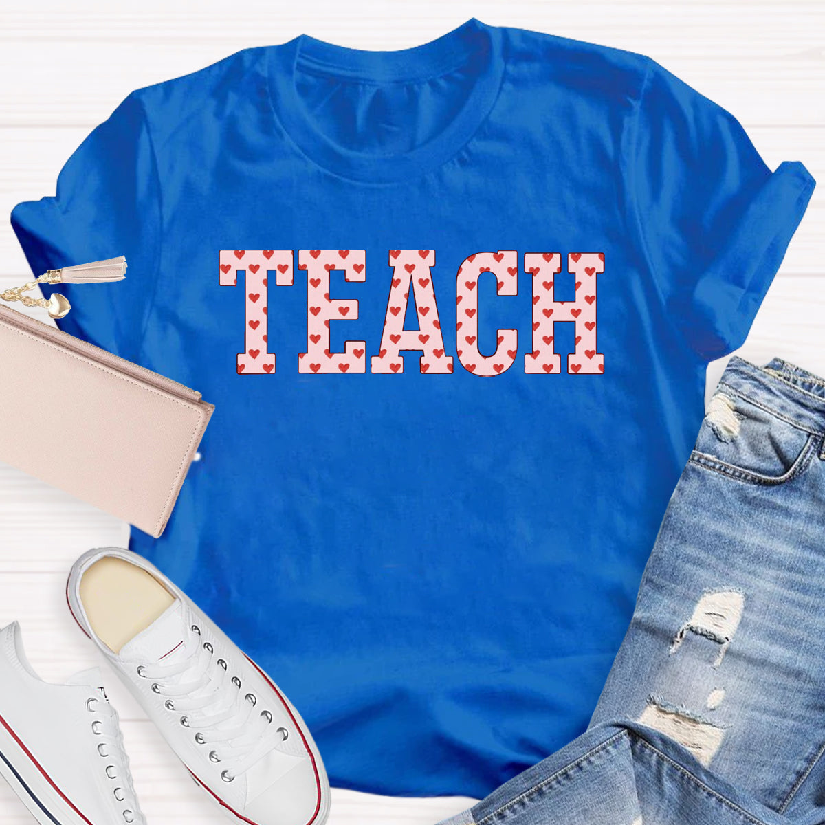 Pink Heart Teach Teacher T-Shirt