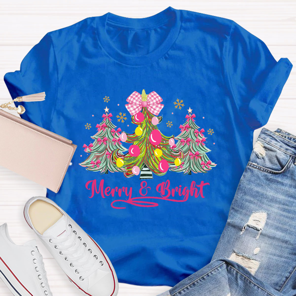 Bow Christmas Tree Merry And Bright Christmas Teacher T-Shirt