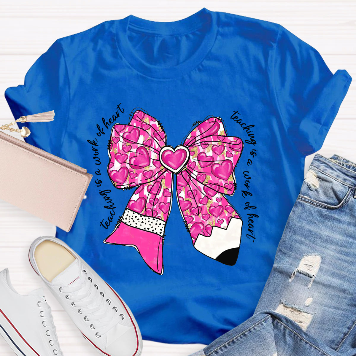 Teaching Is A Work Of Heart Pink Bow Teacher T-Shirt