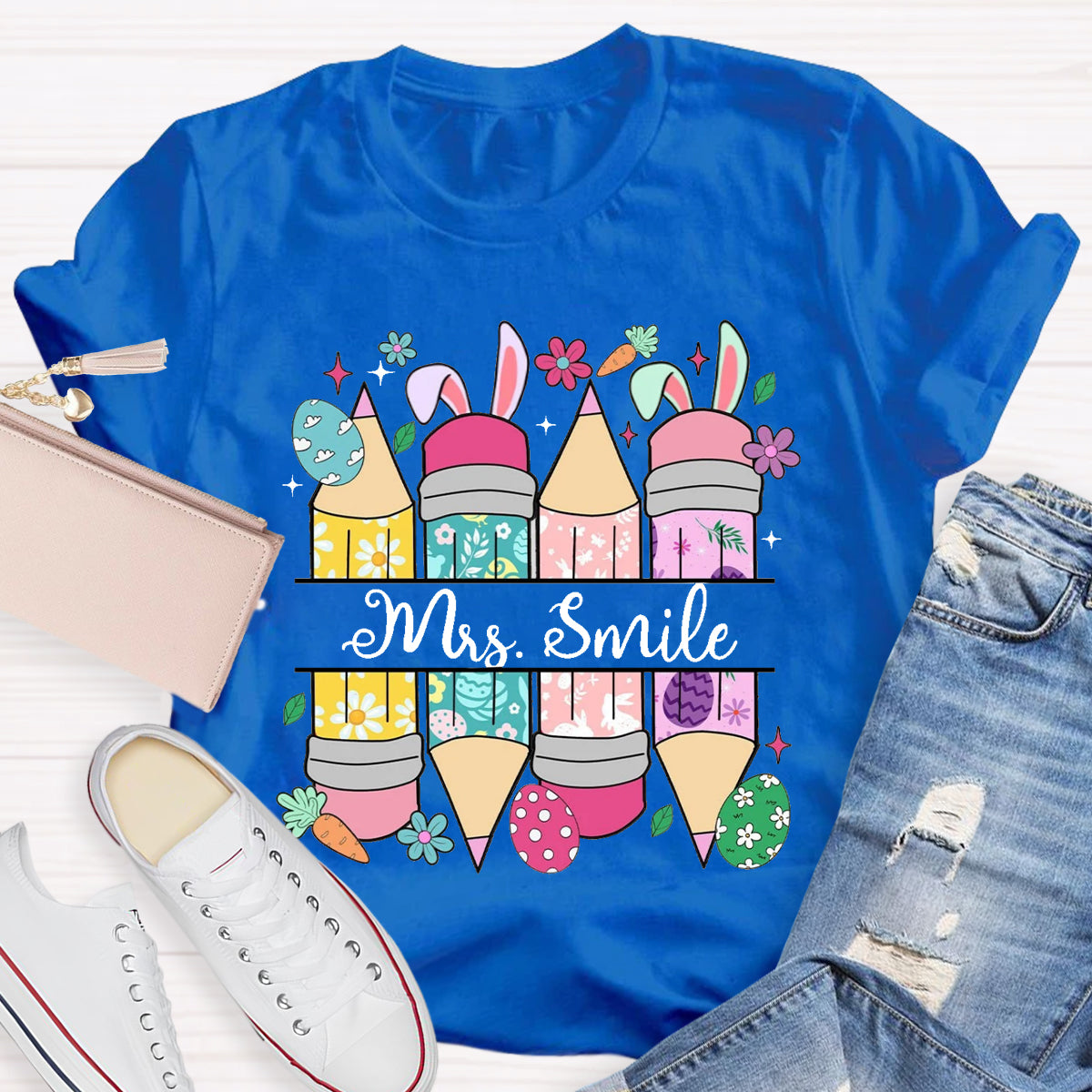 Personalized Name Easter Bunny Pencil Teacher T-Shirt