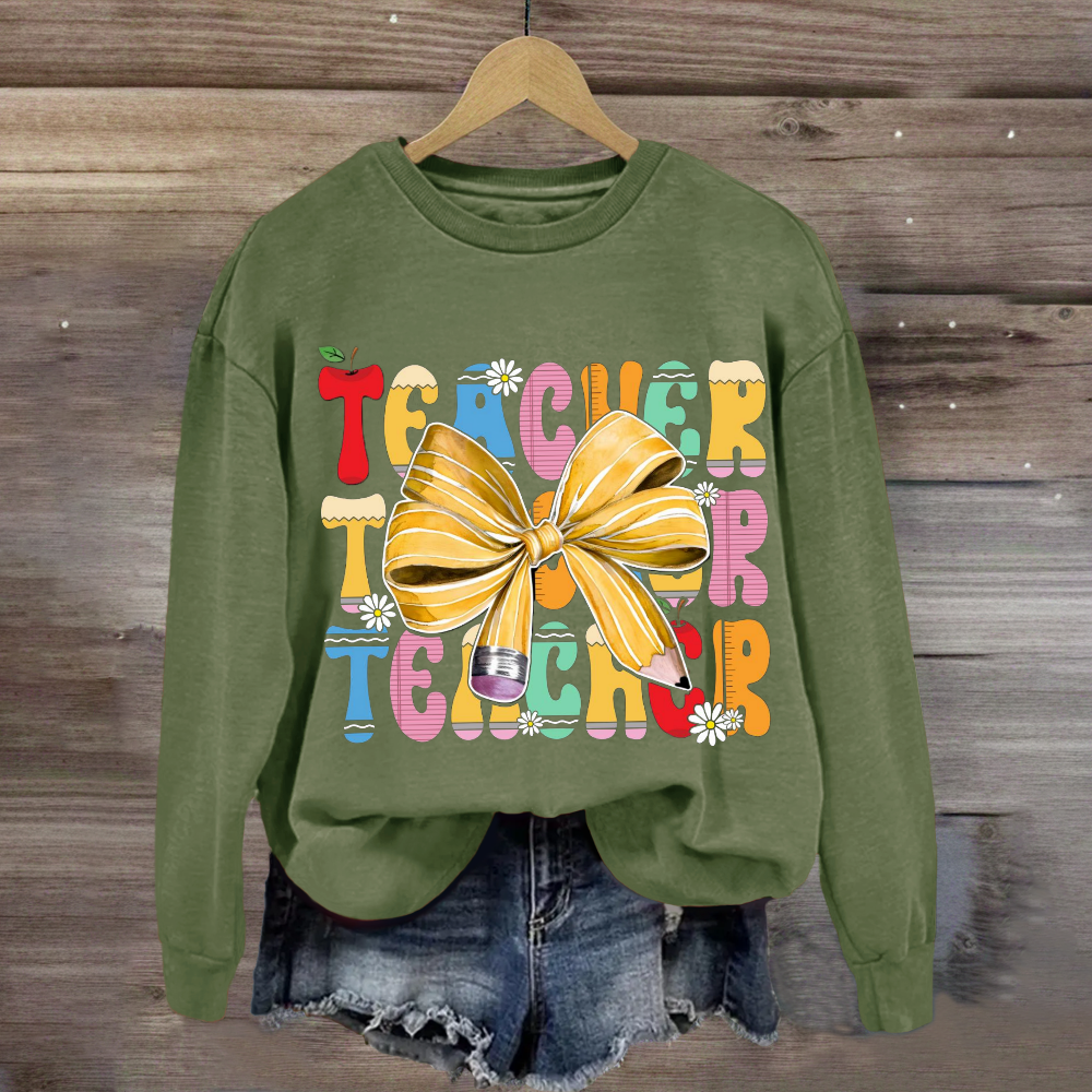 Apple Bow Design Teacher Sweatshirt