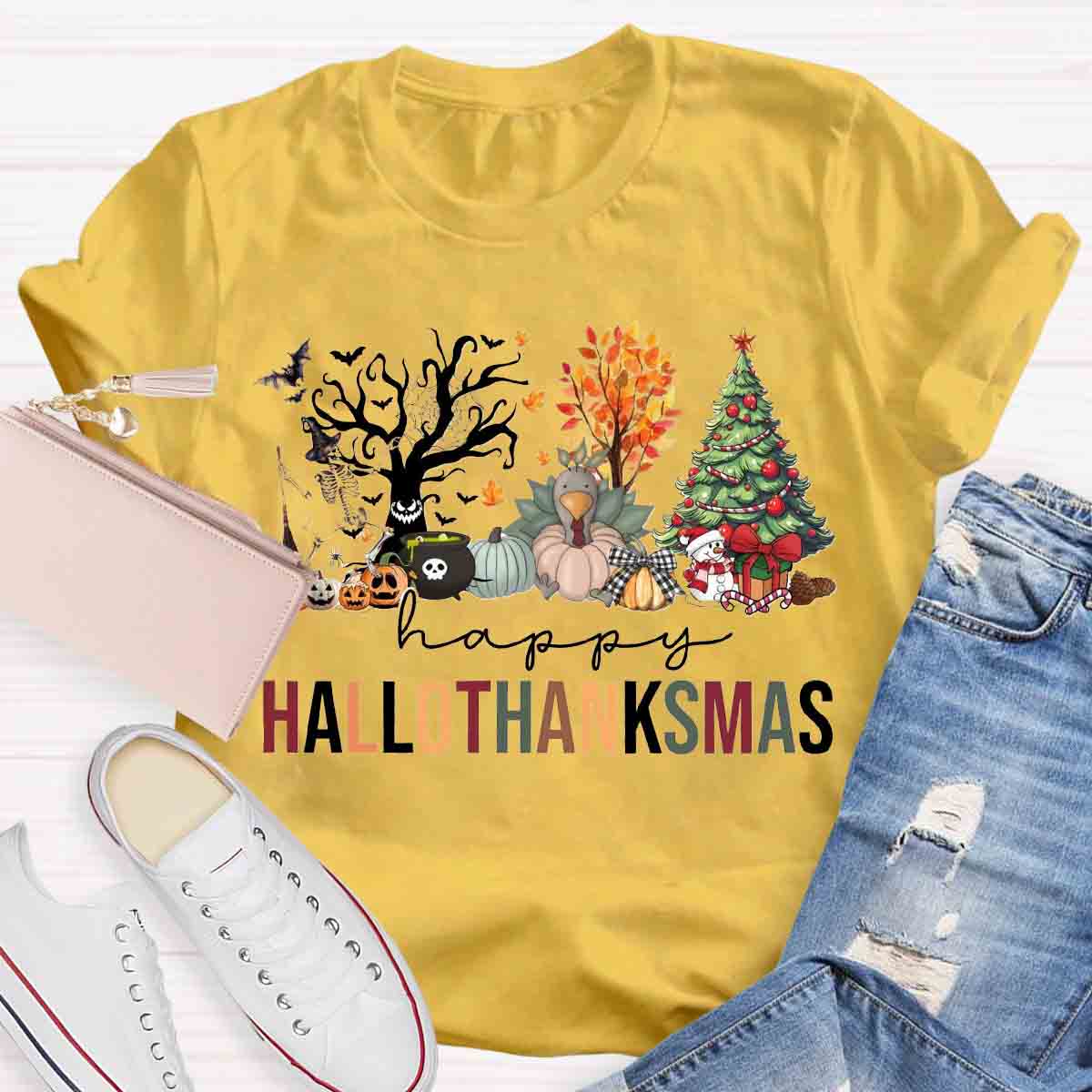 Happy Hallothanksmas Halloween Fall and Christmas T-shirt