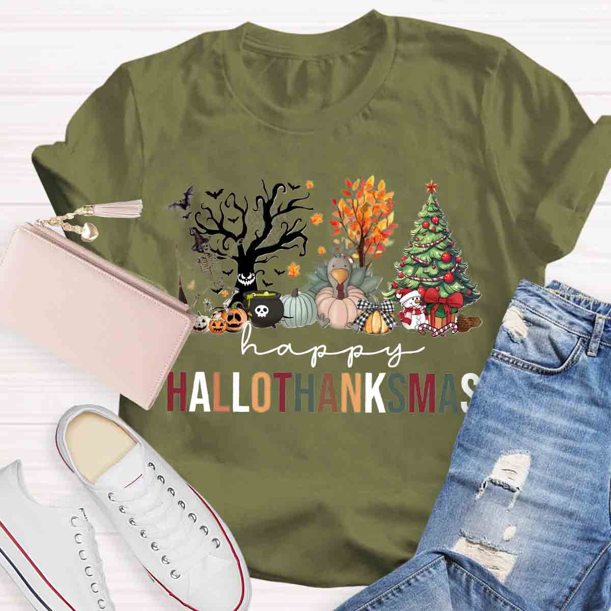 Happy Hallothanksmas Halloween Fall and Christmas T-shirt