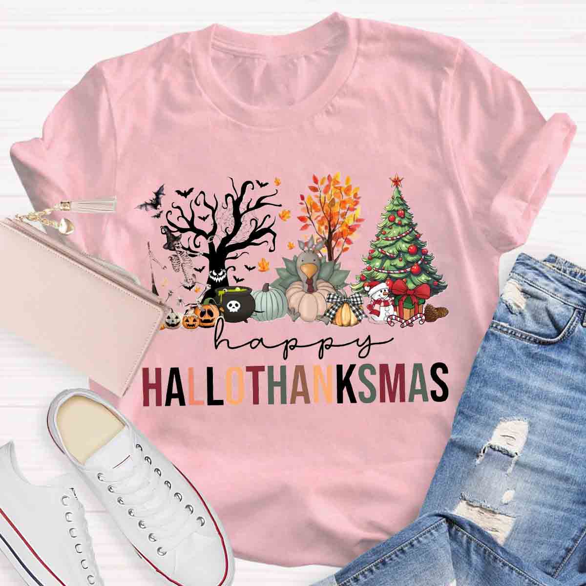 Happy Hallothanksmas Halloween Fall and Christmas T-shirt