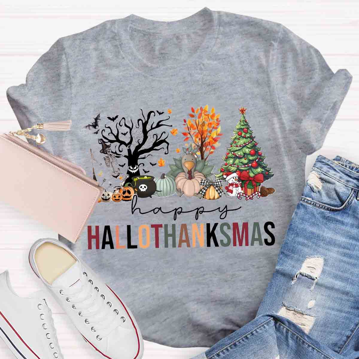 Happy Hallothanksmas Halloween Fall and Christmas T-shirt