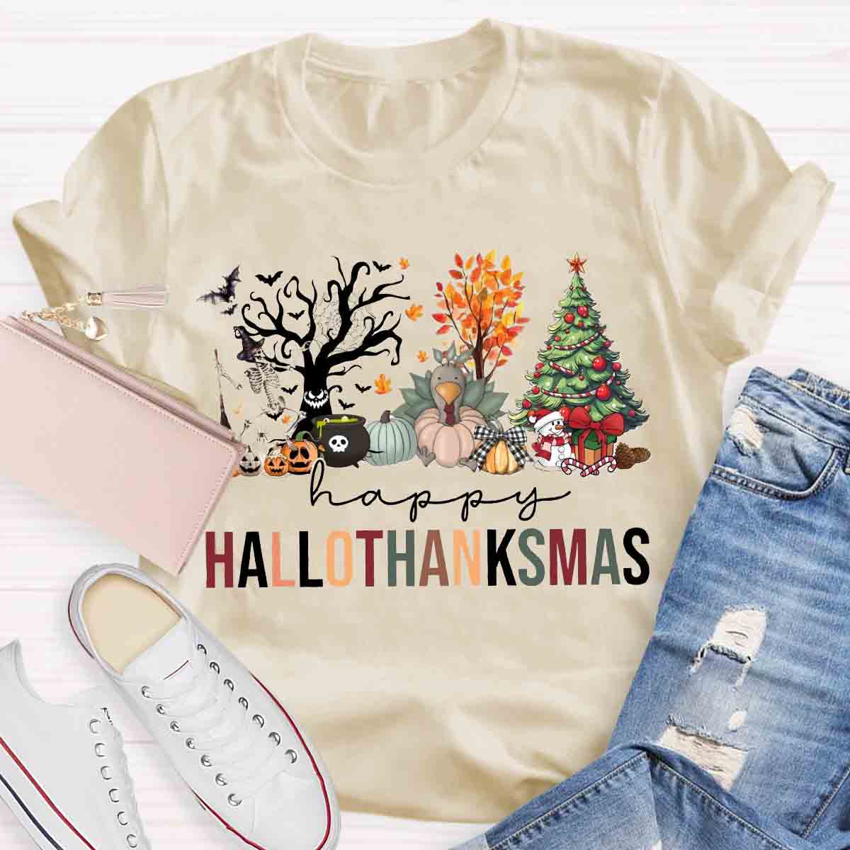 Happy Hallothanksmas Halloween Fall and Christmas T-shirt