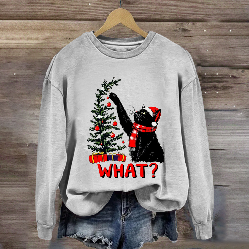 Black Cat Pushing Christmas Tree Sweatshirt