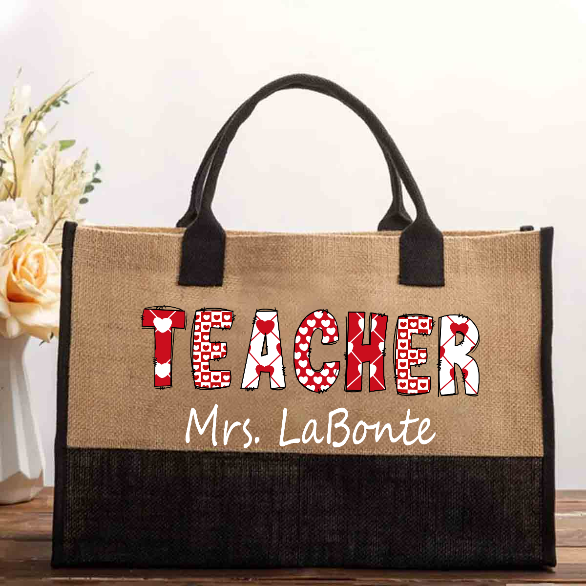 Personalized Name Pink Heart Printed Teacher Cotton Tote Bag