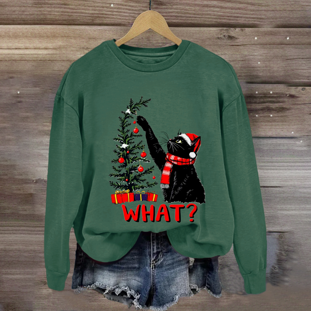 Black Cat Pushing Christmas Tree Sweatshirt