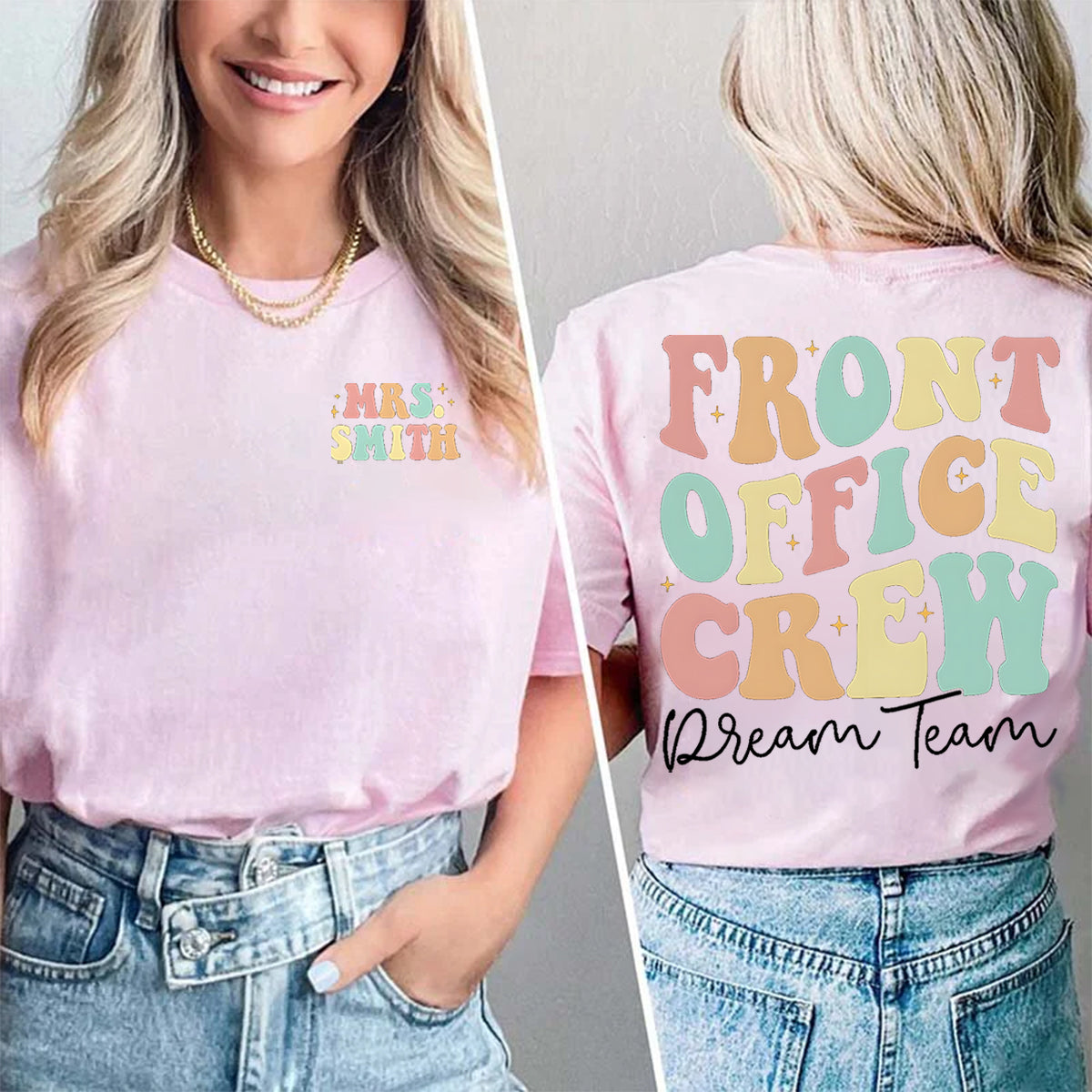 Personalized Name Front Office Crew Double Printed T-shirt
