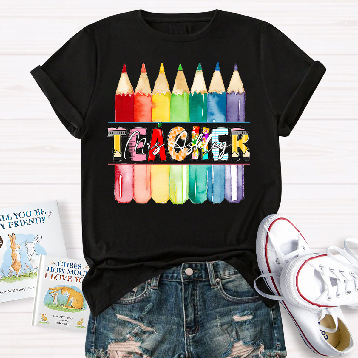 Personalized Teacher's Name Colorful Pencil T-Shirt