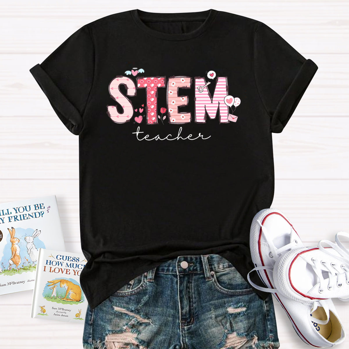 STEM Teacher Pink Heart Printed T-Shirt