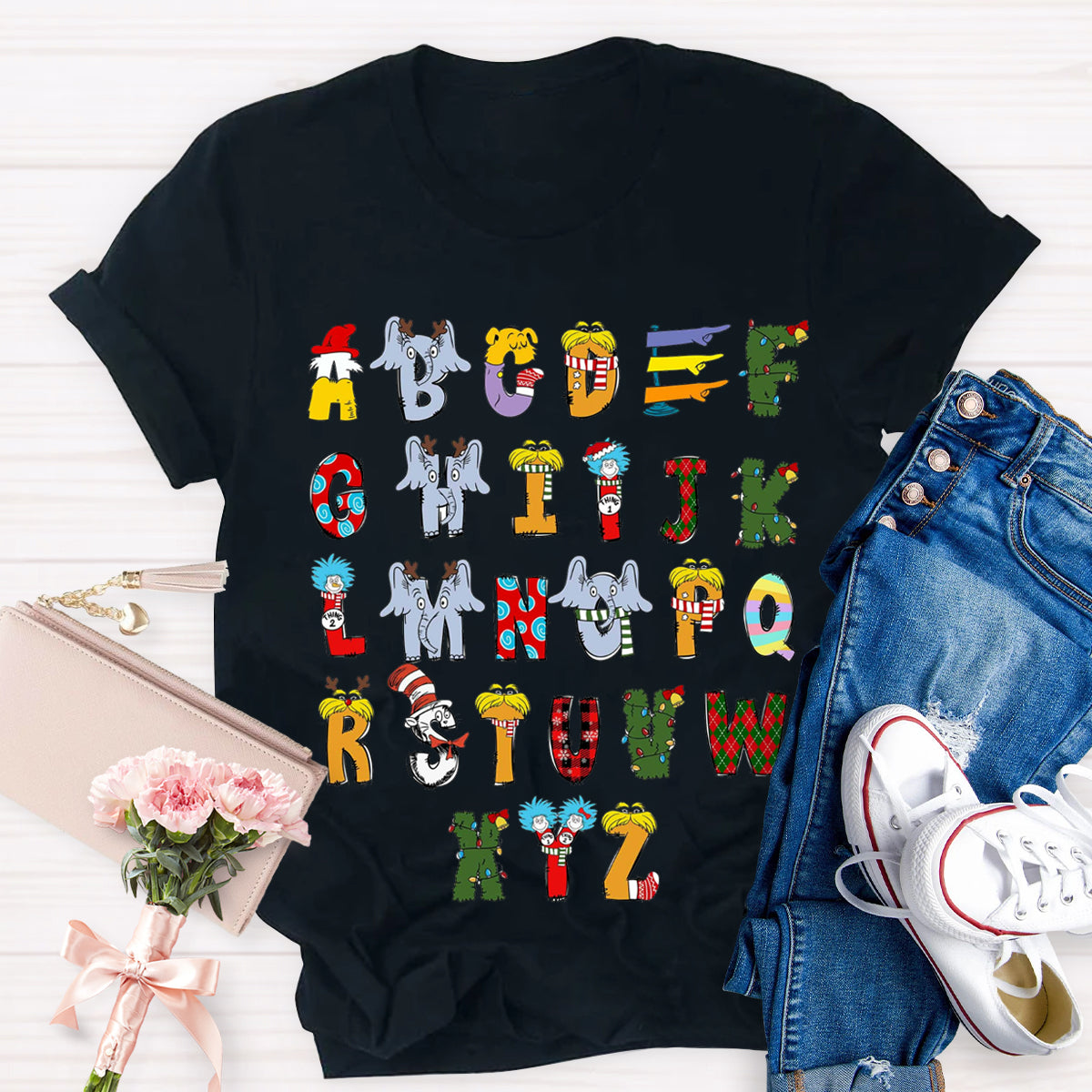 Christmas Doodle Alphabet Cat In The Hat Children's Book Teacher T-Shirt