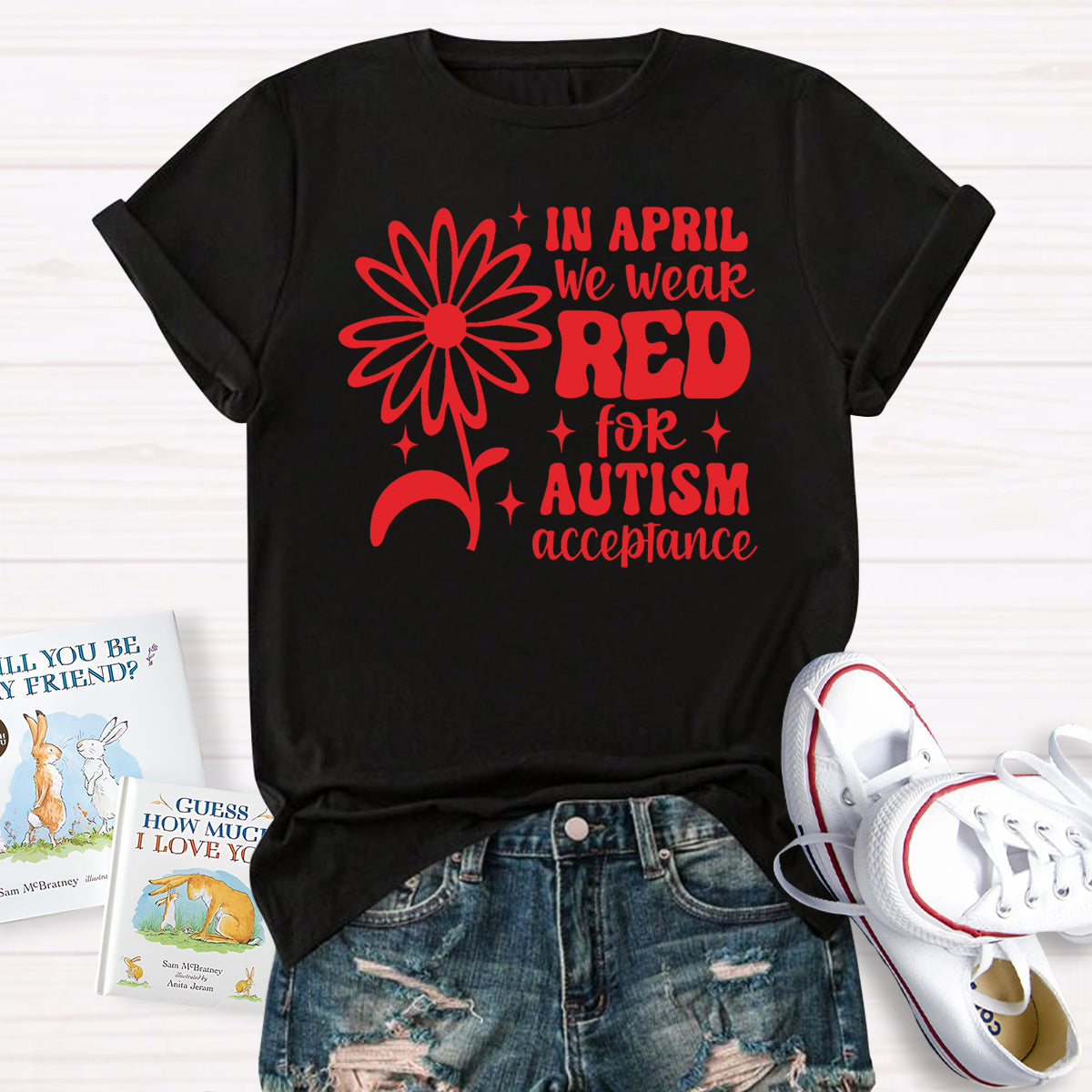 In April We Wear Red Autism Acceptance T-Shirt