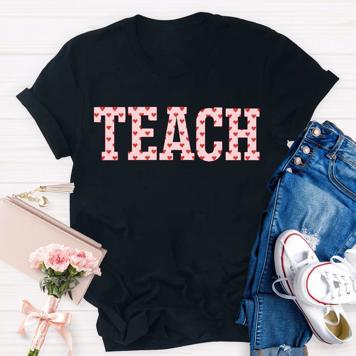 Pink Heart Teach Teacher T-Shirt