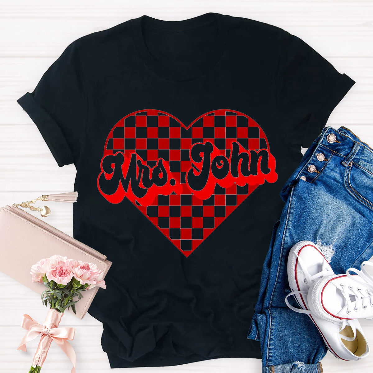 Personalized Name Heart Mrs John Teacher T-Shirt