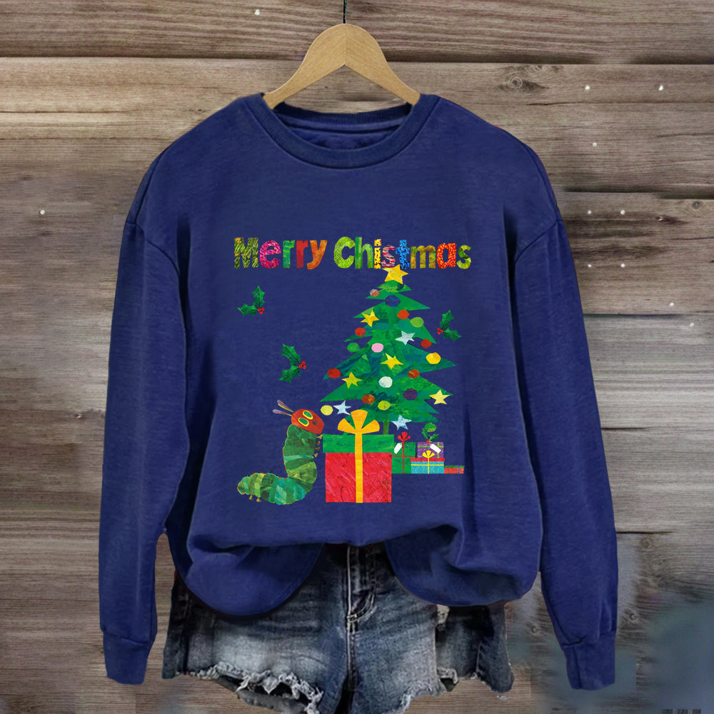 Merry Christmas Caterpillar Crawling Towards Christmas Tree Sweatshirt