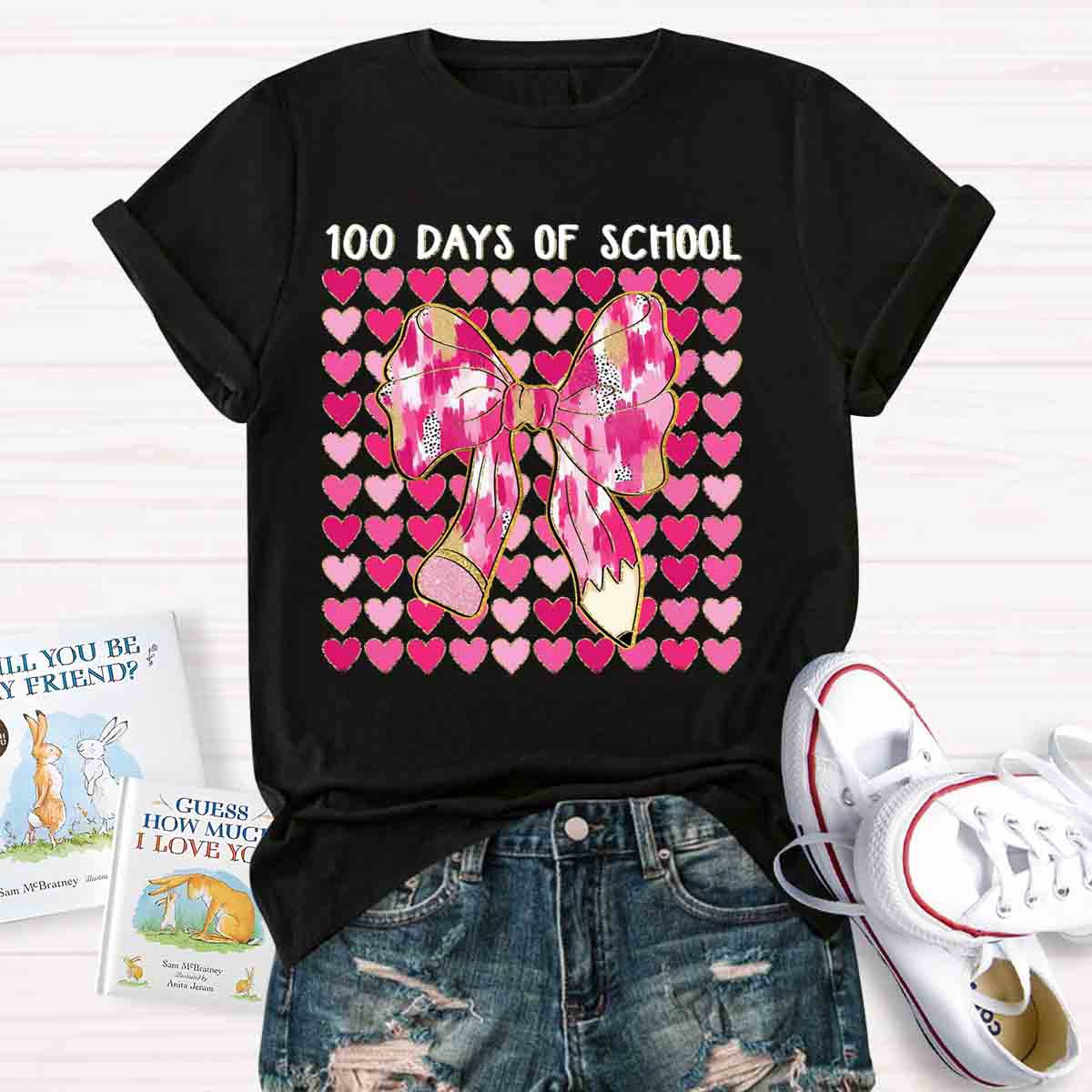 100 Days Of School Pink Heart Bow Teacher T-Shirt