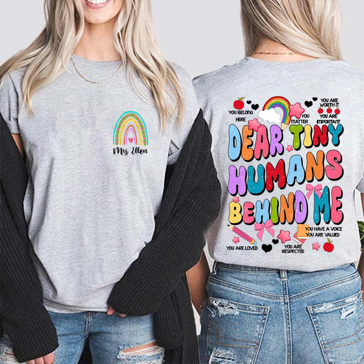 Personalized Name Rainbow Dear Tiny Human Behind Me Double Printed T-shirt