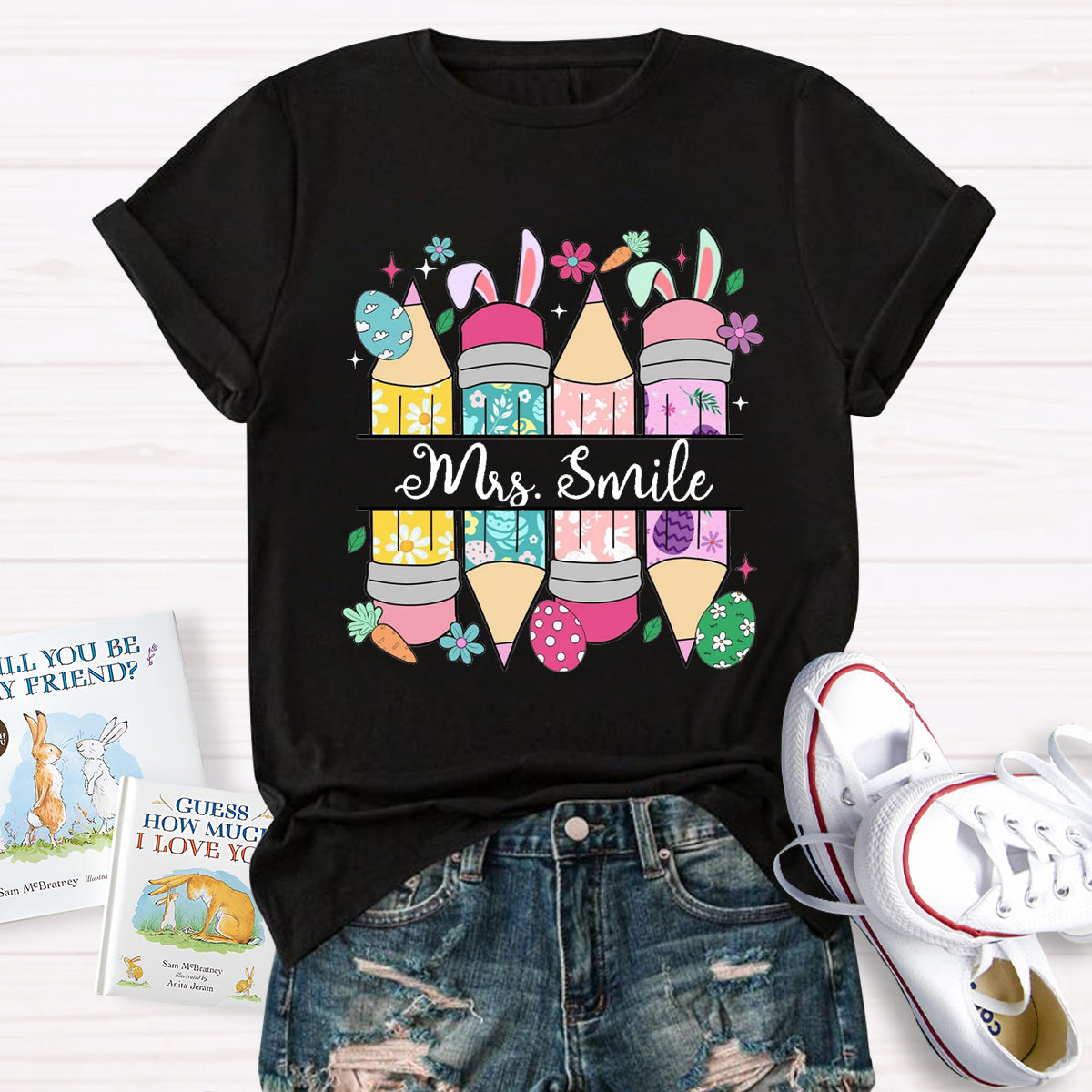 Personalized Name Easter Bunny Pencil Teacher T-Shirt