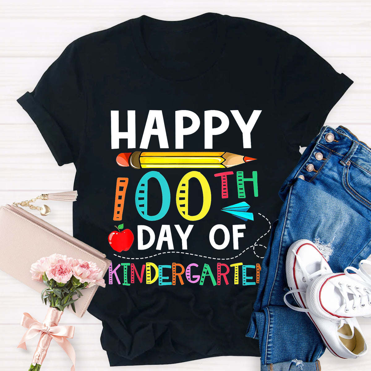 Happy 100th Day of Kindergarten Apple Pencil T-Shirt