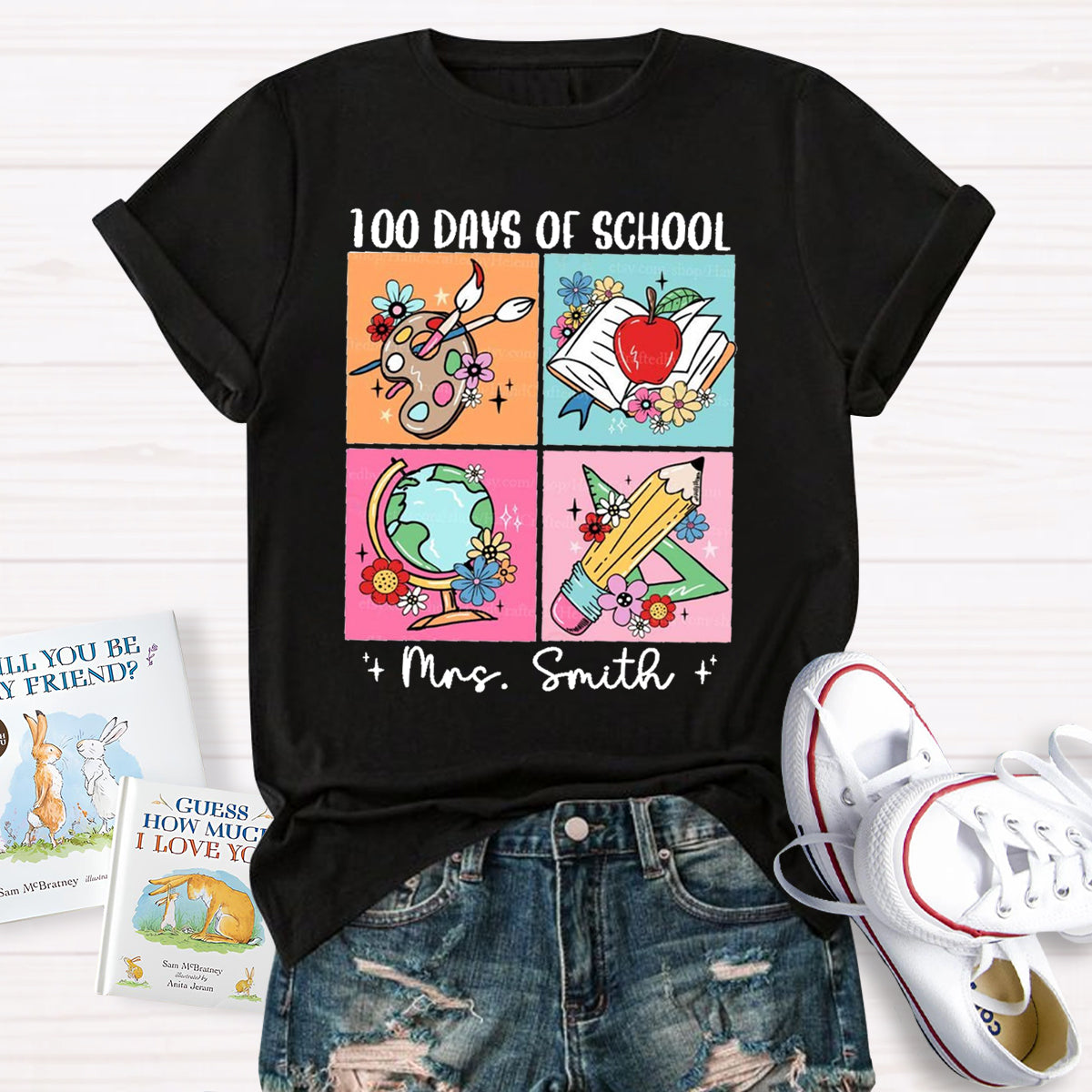 Personalized Name 100 Days Of School Pencil Apple T-Shirt