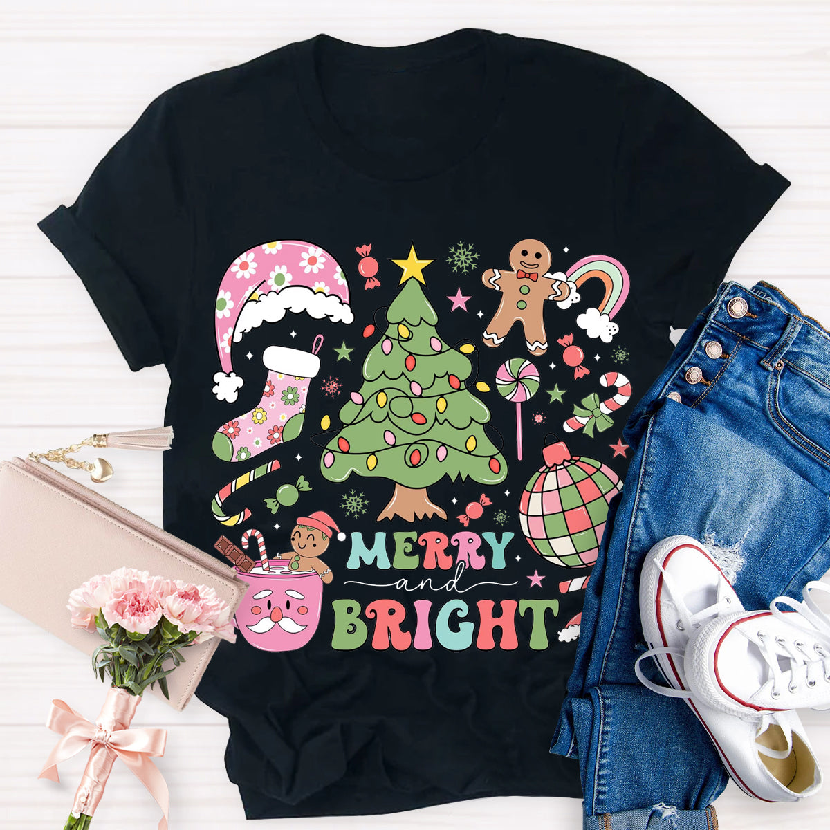 Merry And Bright Christmas Tree Teacher T-Shirt