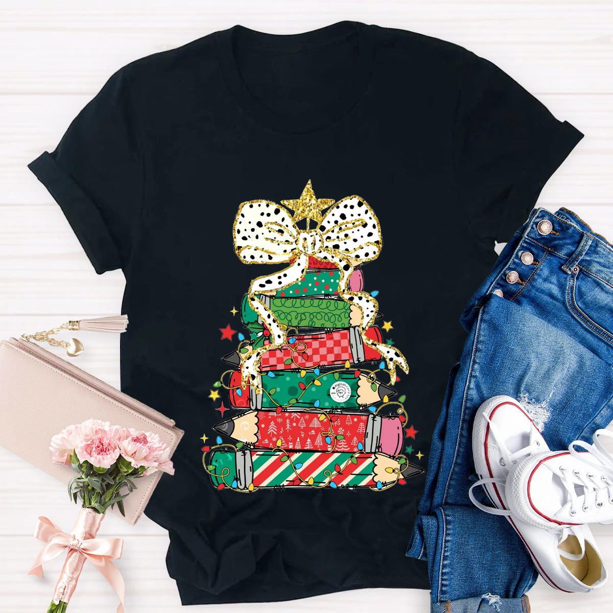 Pencil Tree  Bow Teacher T-Shirt