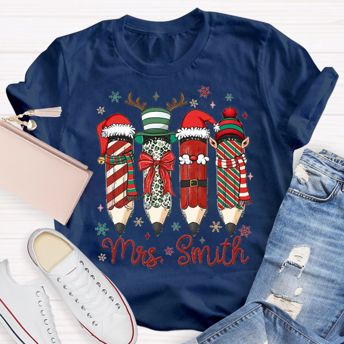 Personalized Name Cute Christmas Pencil Teacher T-Shirt