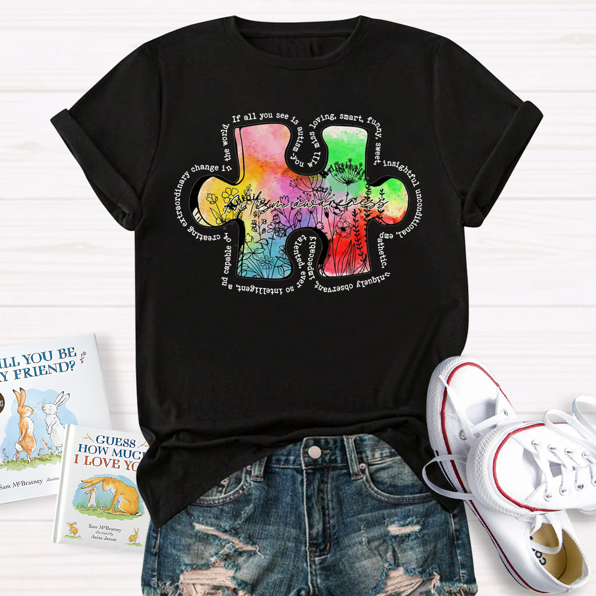 Retro Wildflower Colorful Autism Puzzle Design T-Shirt