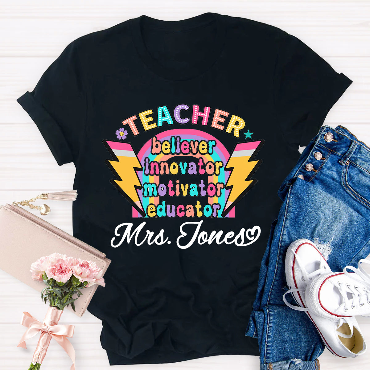 Personalized Name Teacher Believer Innovator Motivator T-Shirt