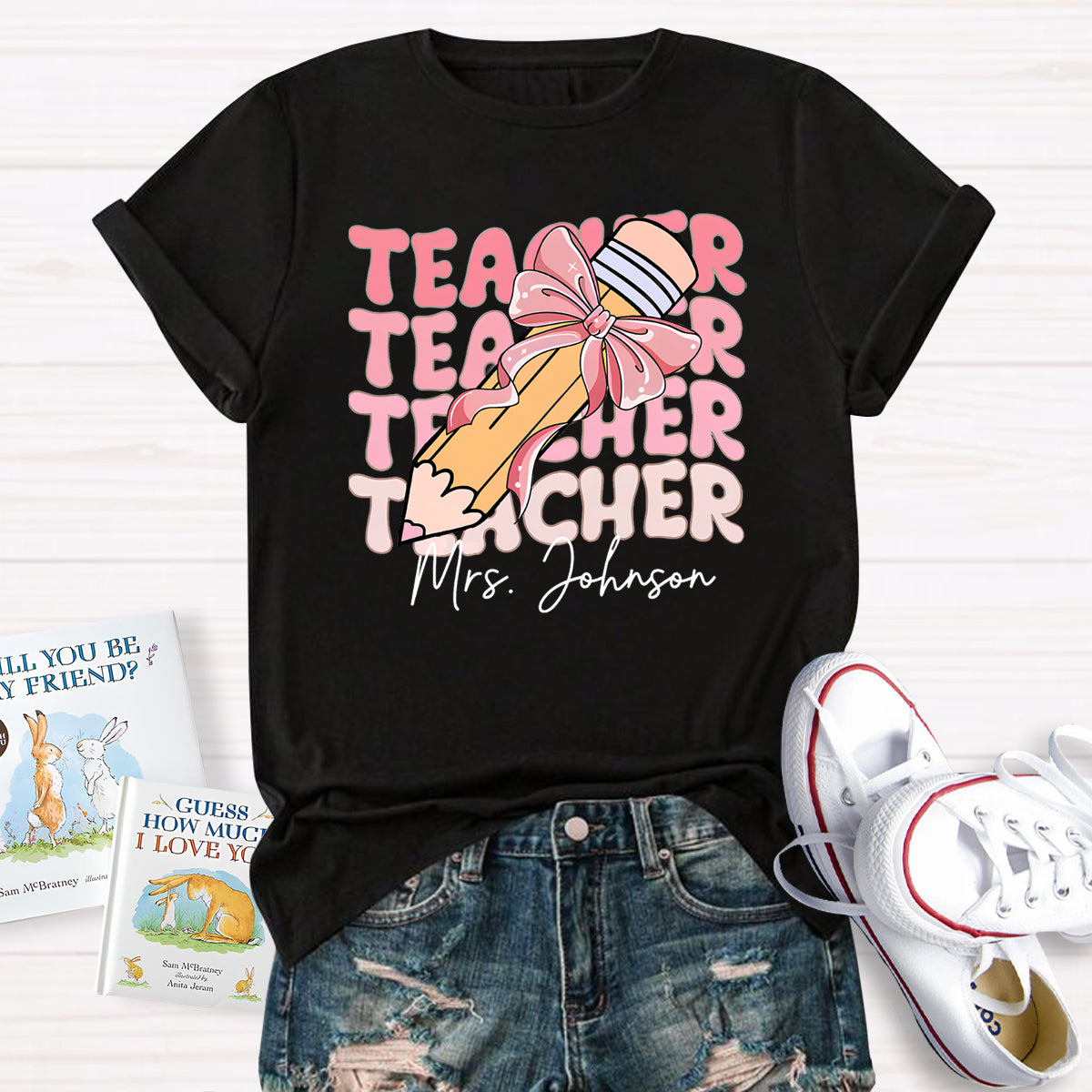 Personalized Name Pink Pencil Teacher Mrs Johnson T-Shirt