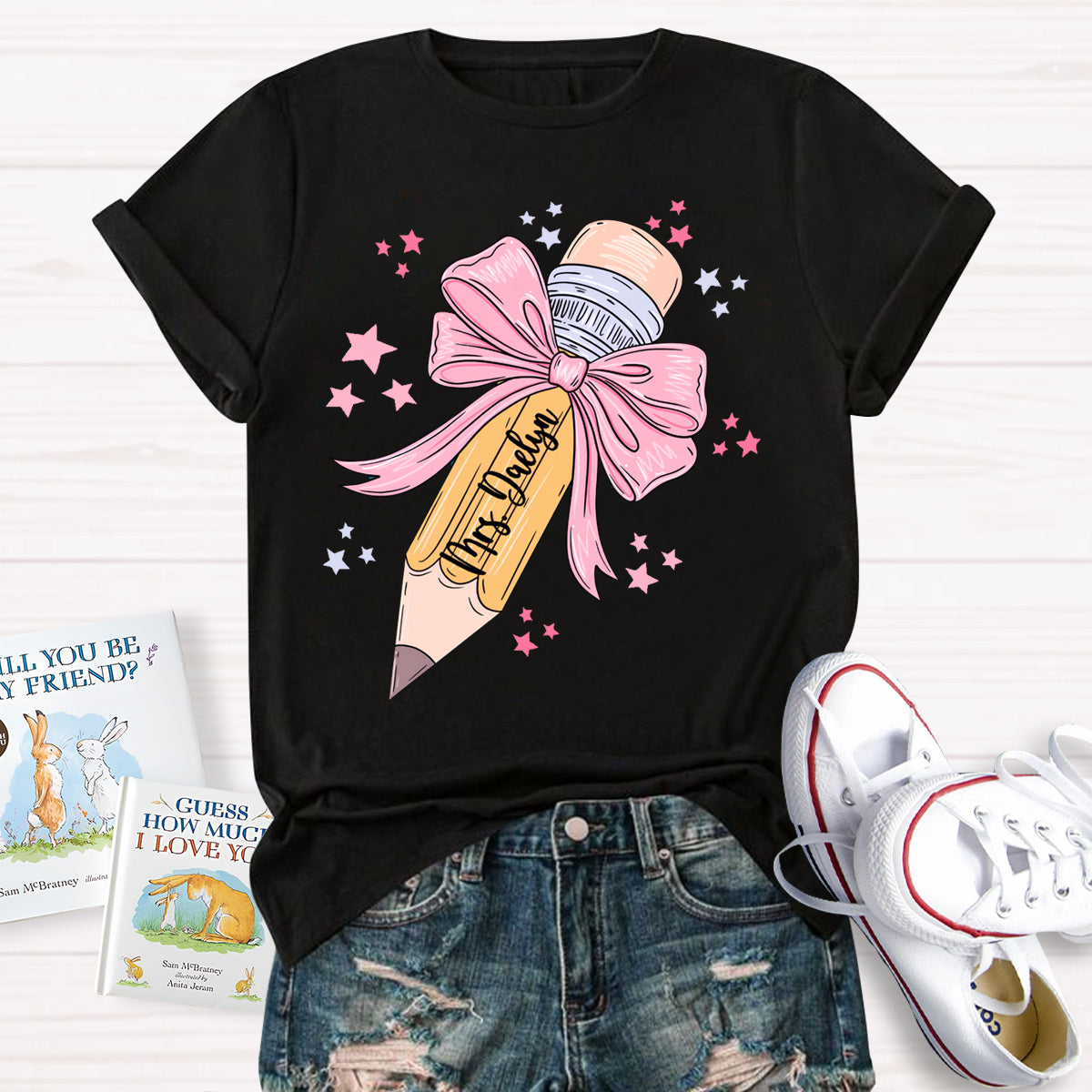 Personalized Name Pink Pencil Teacher T-Shirt