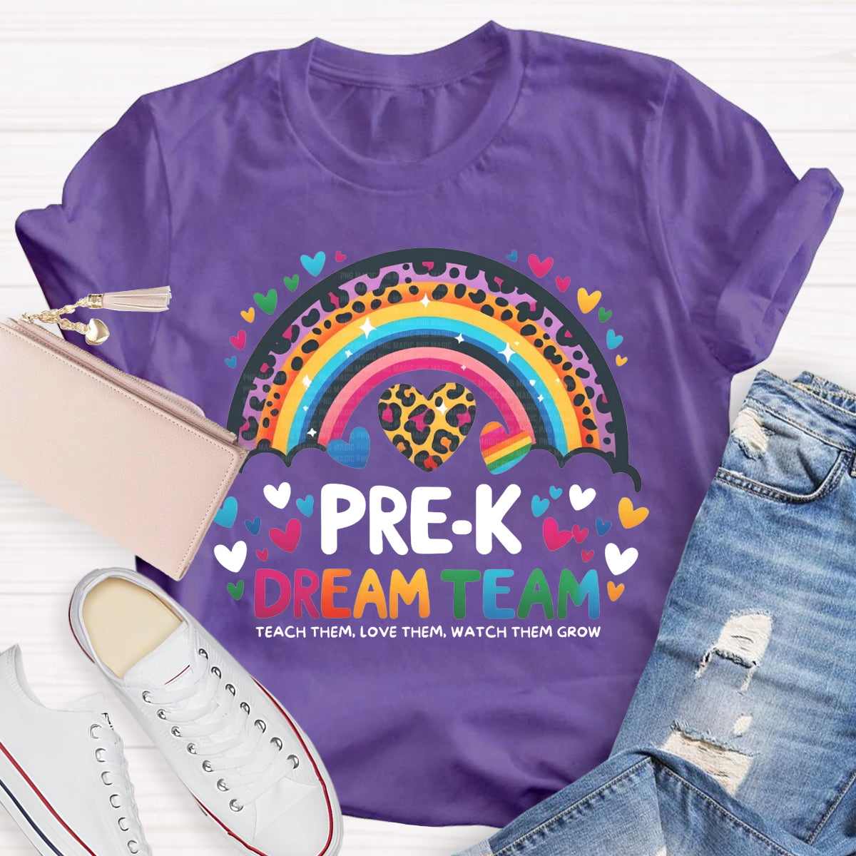 Personalized Grade Pre-K Dream Team Leopard Rainbow Teacher T-Shirt