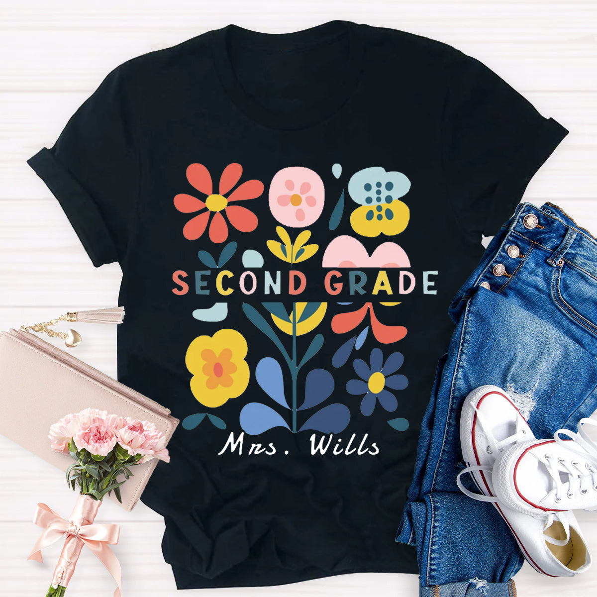 Personalized Name And Grade Floral Teacher T-Shirt