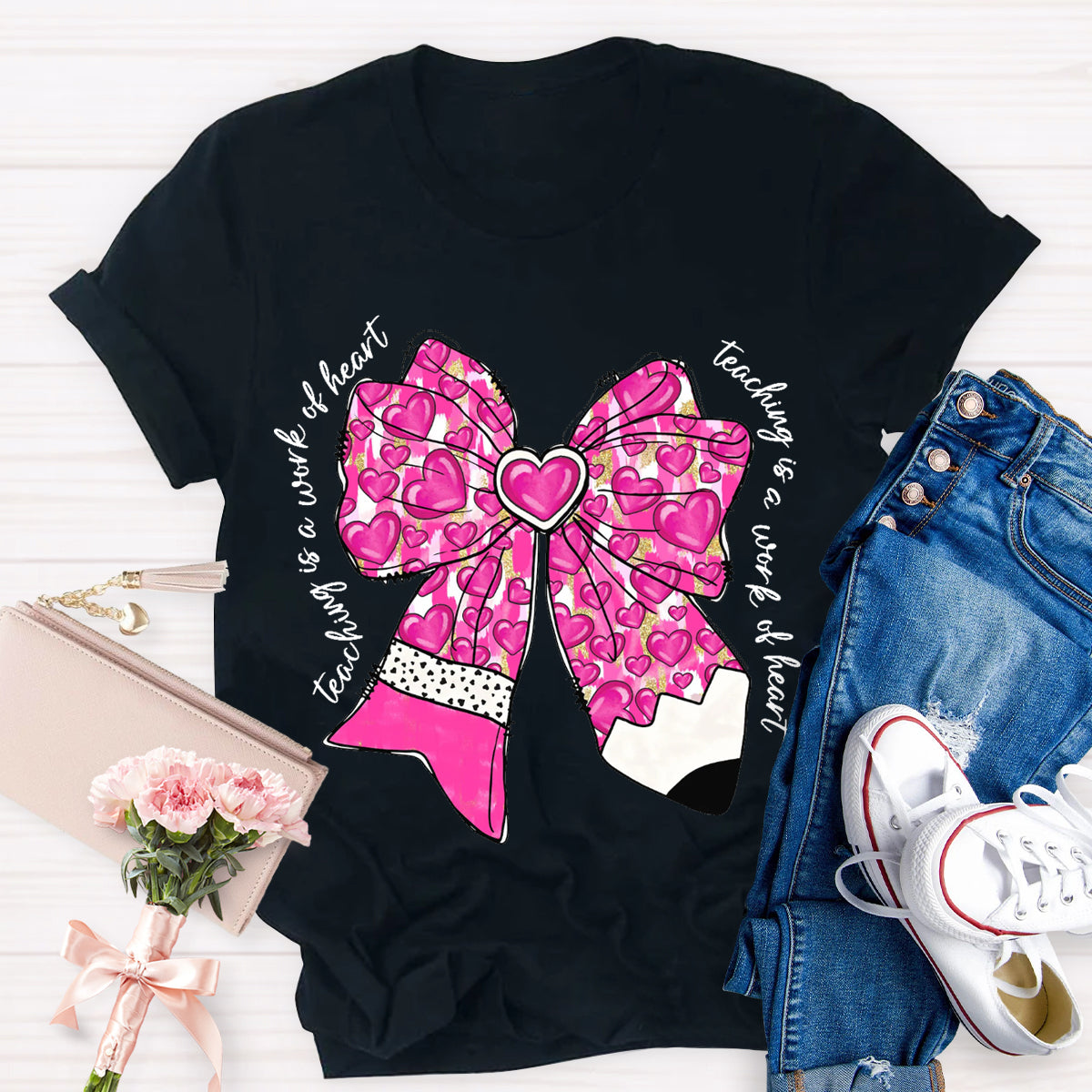 Teaching Is A Work Of Heart Pink Bow Teacher T-Shirt