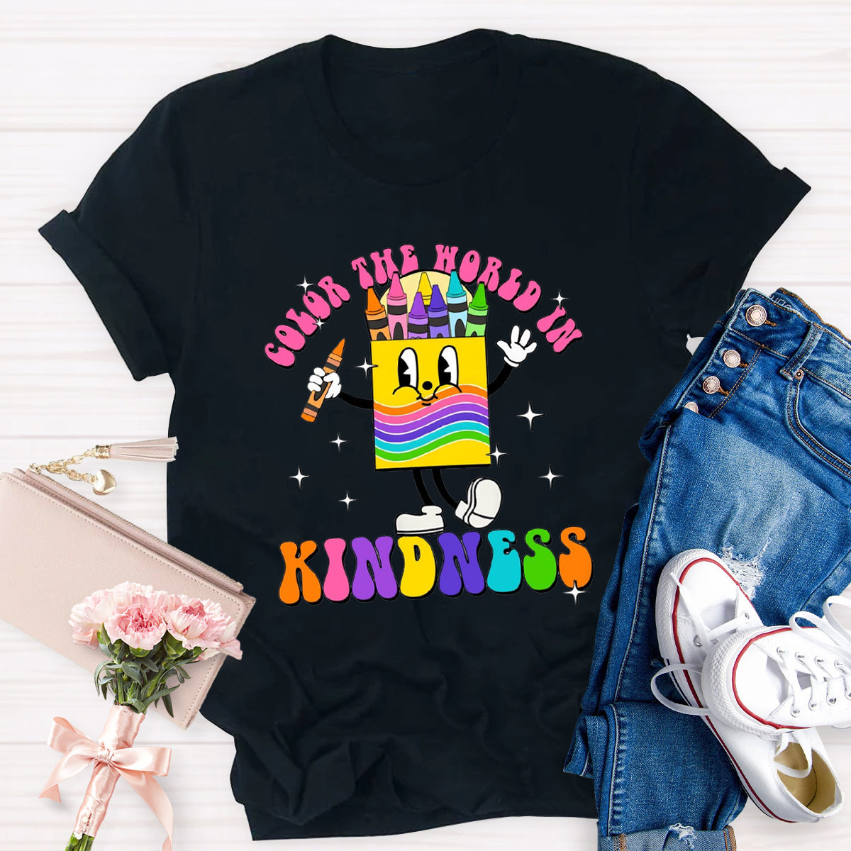 Color The World In Kindness Crayon Pencil Teacher T-Shirt