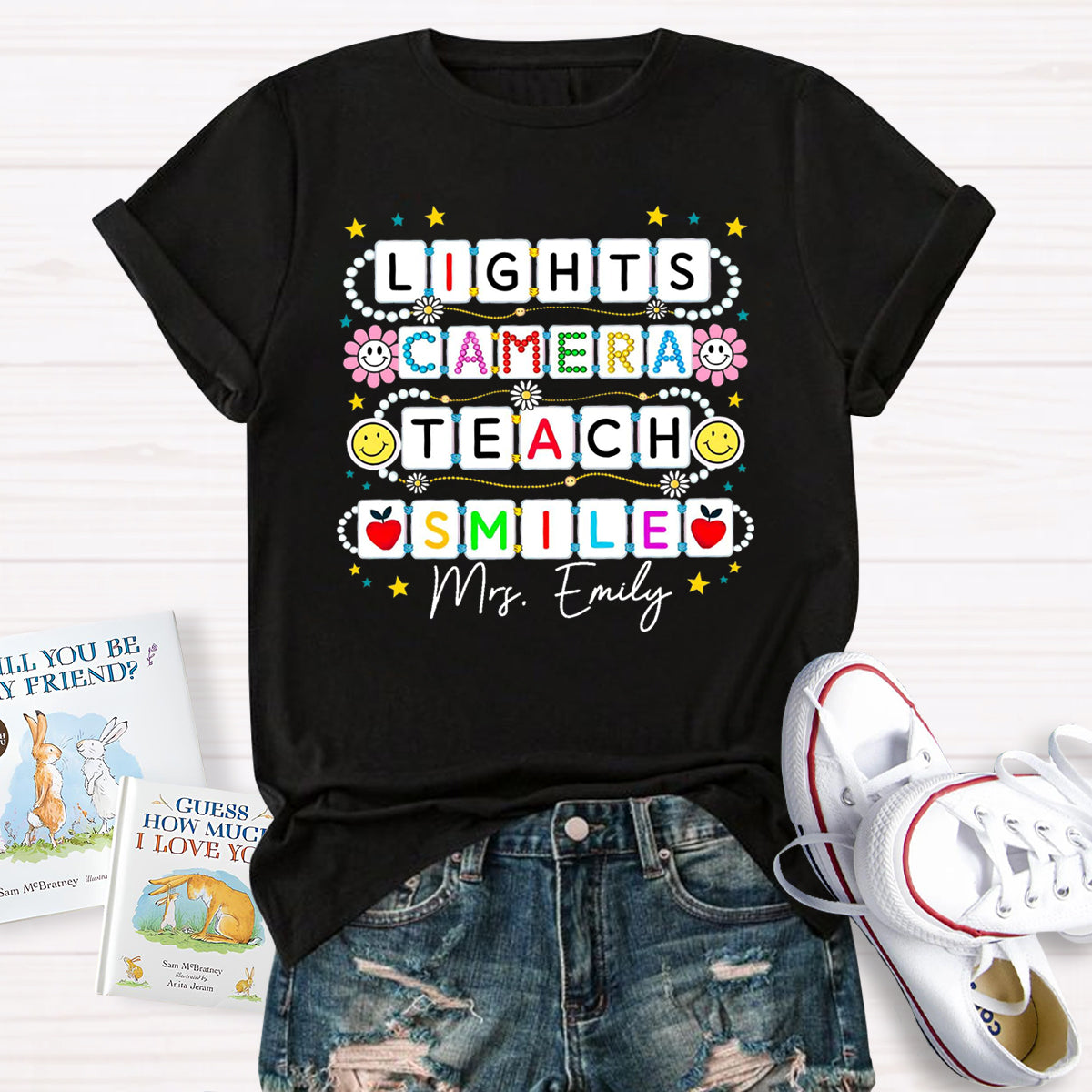 Personalized Name Lights Camera Teach Smile Teacher T-Shirt