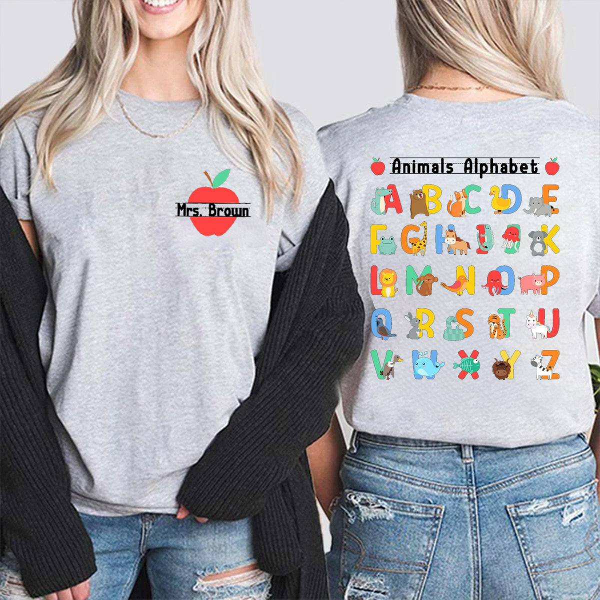 Personalized Name Animals Alphabet Double Printed T-shirt