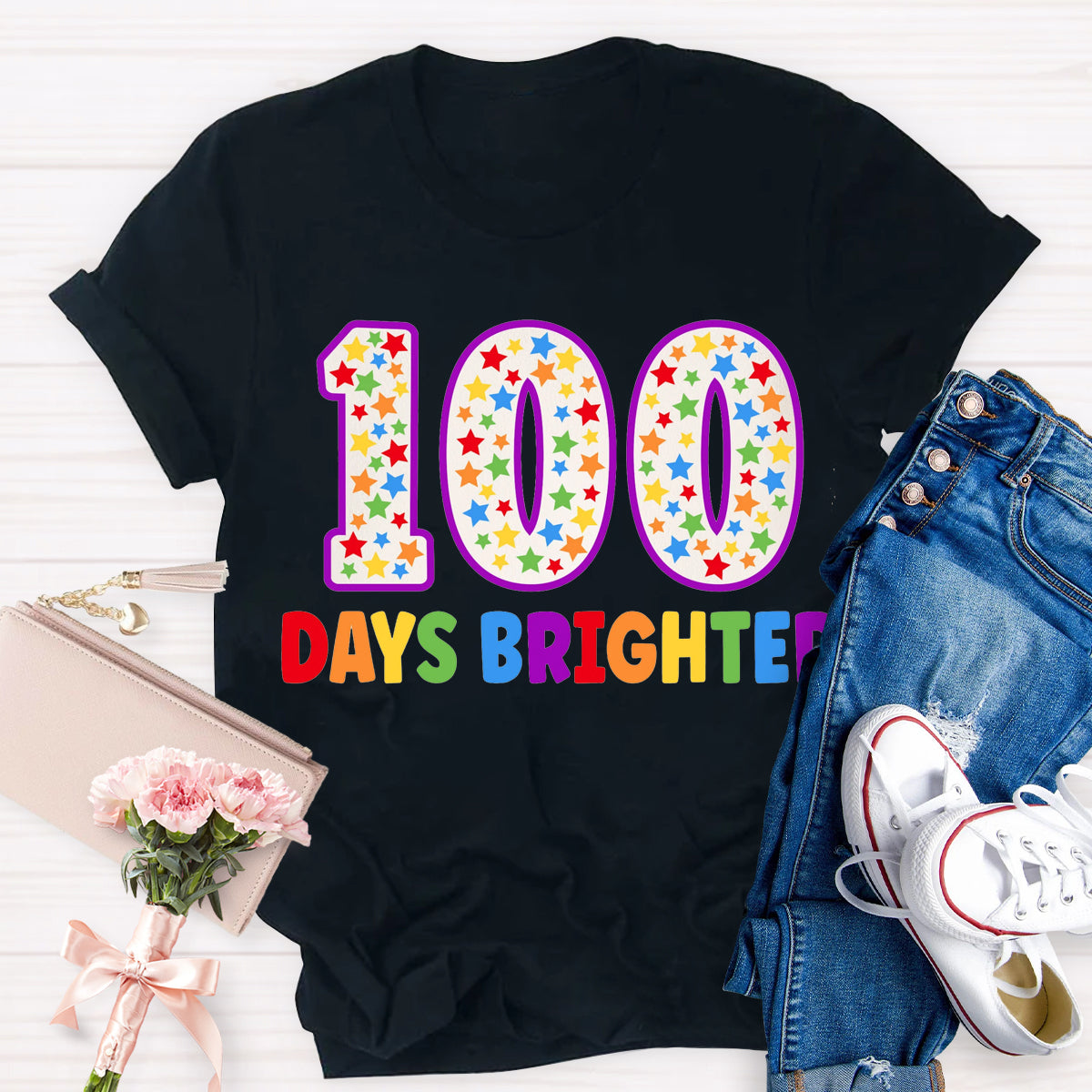 100 Days Brighter Colorful Letter Teacher T-Shirt